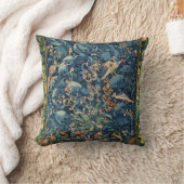 鳥，花とキャベツ葉の花，青 クッション (ブランケット)