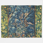 鳥，花とキャベツ葉の花，青 フリースブランケット (正面(横))