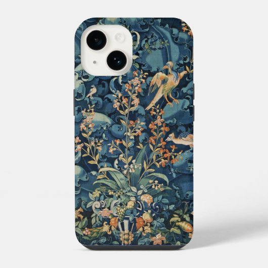 鳥，花とキャベツ葉の花，青 iPhoneケース (裏面)