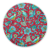 鳥、花模様、ブルース、レッド セラミックノブ (正面)