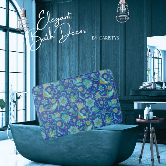 鳥 花 ロイヤルブルー、イエロー バスマット