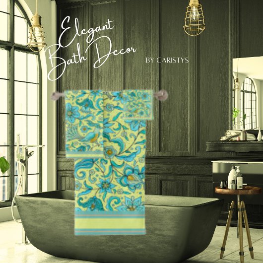 鳥 花 青 ブルー、黄色、タン バスタオルセット