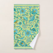 鳥 花 青 ブルー、黄色、タン バスタオルセット (ハンドタオル)