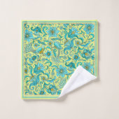 鳥 花 青 ブルー、黄色、タン バスタオルセット (ウォッシュタオル)