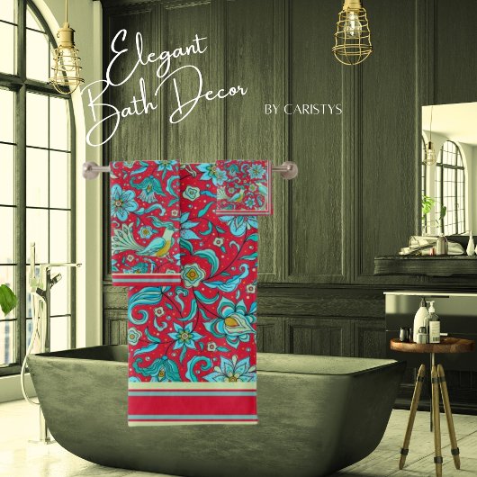 鳥、花、青、赤、淡ライム タオル