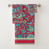 鳥、花、青、赤、淡ライム タオル (インサイチュ)