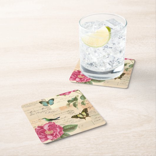 鳥、蝶が付いているガーリーなヴィンテージのコースターは及び上がりました スクエアペーパーコースター (インサイチュ)