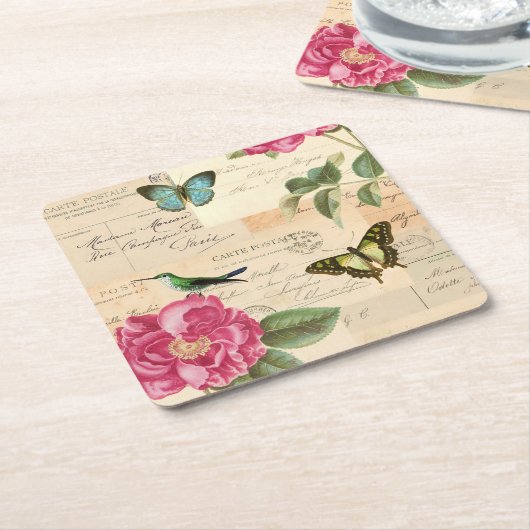 鳥、蝶が付いているガーリーなヴィンテージのコースターは及び上がりました スクエアペーパーコースター (アングル)