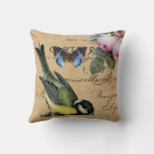 鳥、青い蝶のバラみすぼらしいシック クッション (裏面)