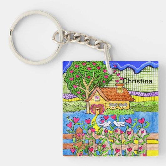 鳩が付いているハートのバレンタインデーの家 キーホルダー (正面)