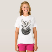 鳩が蛇の巣から脱出するモノクロタトゥーデザイン Tシャツ (正面フル)