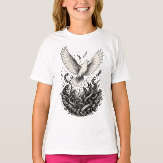 鳩が蛇の巣から脱出するモノクロタトゥーデザイン Tシャツ