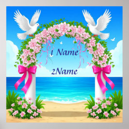 鳩とエレガントなウェディングアーチ ポスター