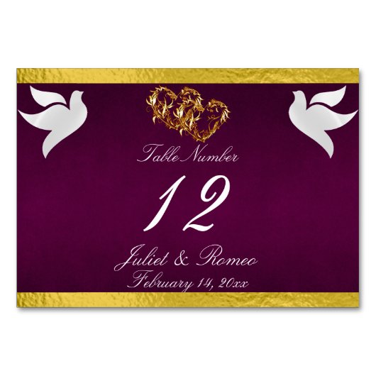 鳩とハート – 紫/金ゴールド表番号 テーブルナンバー (正面)