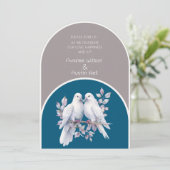 鳩とリングや輪ライトグレーと海ブルーアーチ 招待状 (スタンド正面)