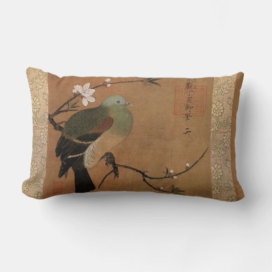 鳩と桃の花 ランバークッション (正面)