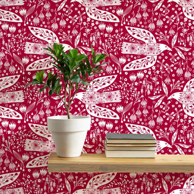 鳩と花が赤い鳥芸術に白 壁紙 (Doves and Flowers pretty folk art style bird and botanical floral pattern peel and stick wallpaper)