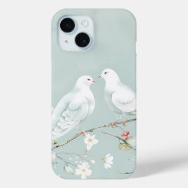 鳩と花の水彩デザインのスマホケース iPhone 15ケース