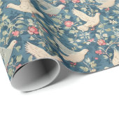 鳩と花の群れがある青い背景 ラッピングペーパー (ロールコーナー)