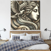 鳩とEthereal女神 – 木彫りスティック キャンバスプリント (インサイチュ (寝室))