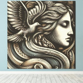 鳩とEthereal女神 – 木彫りスティック キャンバスプリント (インサイチュ (ウッドフロア))