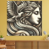 鳩とEthereal女神 – 木彫りスティック キャンバスプリント (インサイチュ (リビング))