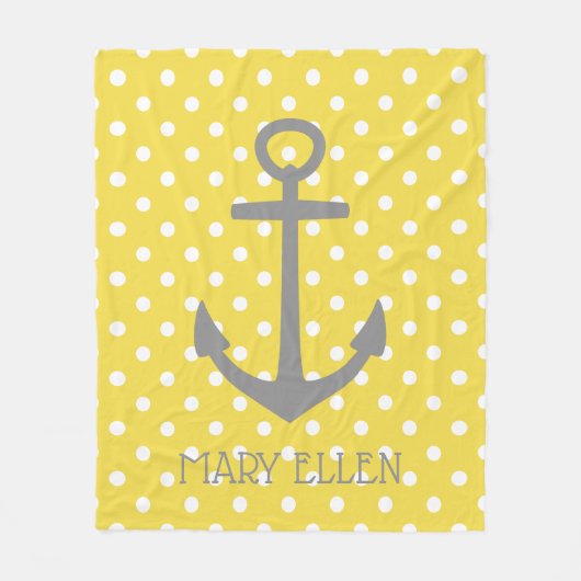 鳩の灰色のいかりが付いている黄色および白い水玉模様 フリースブランケット (正面)