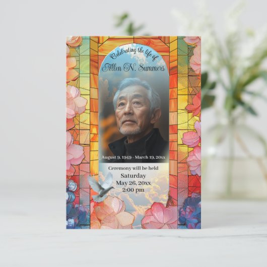 鳩の葬式を施したステンドグラス 案内状 (スタンド正面)