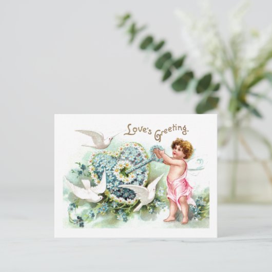 鳩、キューピッド、鍵、ハートヴィンテージバレンタイン シーズンポストカード (スタンド正面)