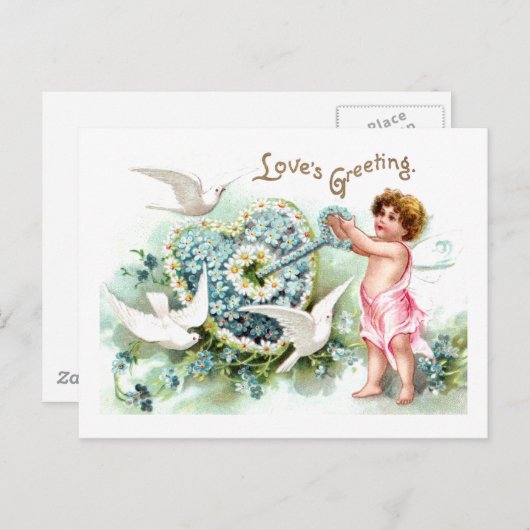 鳩、キューピッド、鍵、ハートヴィンテージバレンタイン シーズンポストカード (正面/裏面)