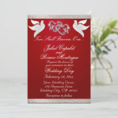 鳩、ハート、リボン、QRコード – クリムゾン/シルバー 招待状 (スタンド正面)