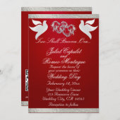 鳩、ハート、リボン、QRコード – クリムゾン/シルバー 招待状 (正面/裏面)