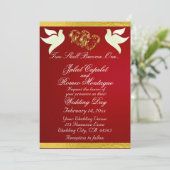 鳩、ハート、リボン、QRコード – クリムゾン/金ゴールド 招待状 (スタンド正面)