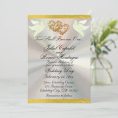 鳩、ハート、リボン、QRコード – 白/金ゴールド 招待状 (スタンド正面)