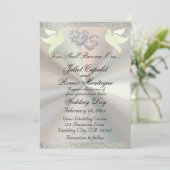 鳩、ハート、リボン、QRコード – 白/銀 招待状 (スタンド正面)