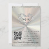 鳩、ハート、リボン、QRコード – 白/銀 招待状 (裏面)