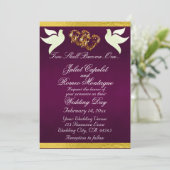 鳩、ハート、リボン、QRコード – 紫/金ゴールド 招待状 (スタンド正面)