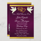鳩、ハート、リボン、QRコード – 紫/金ゴールド 招待状 (正面/裏面)