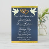 鳩、ハート、リボン、QRコード – 青/金ゴールド 招待状 (スタンド正面)