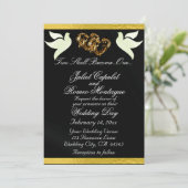 鳩、ハート、リボン、QRコード – 黒/金ゴールド 招待状 (スタンド正面)