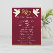 鳩、ハート、リボン、QRコード – Burgundy/金ゴールド 招待状 (スタンド正面)