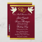 鳩、ハート、リボン、QRコード – Burgundy/金ゴールド 招待状 (正面/裏面)
