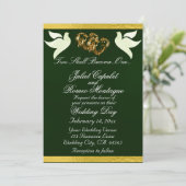 鳩、ハート、リボン、QRコード – Emerald/金ゴールド 招待状 (スタンド正面)