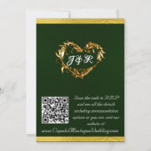 鳩、ハート、リボン、QRコード – Emerald/金ゴールド 招待状 (裏面)