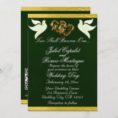 鳩、ハート、リボン、QRコード – Emerald/金ゴールド 招待状 (正面/裏面)