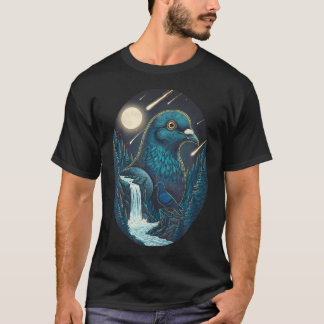 鳩 夜空 月 流星 アート 鳥 自然 Tシャツ