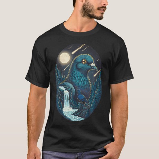 鳩 夜空 月 流星 アート 鳥 自然 Tシャツ (正面)