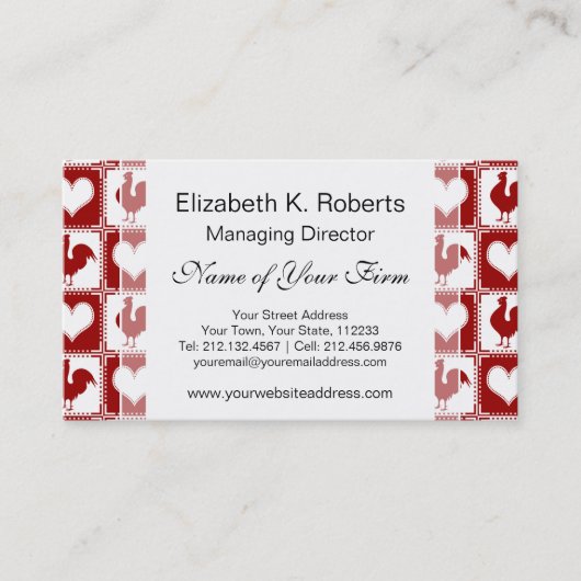 鶏およびハートのオンドリパターン 名刺 (正面)