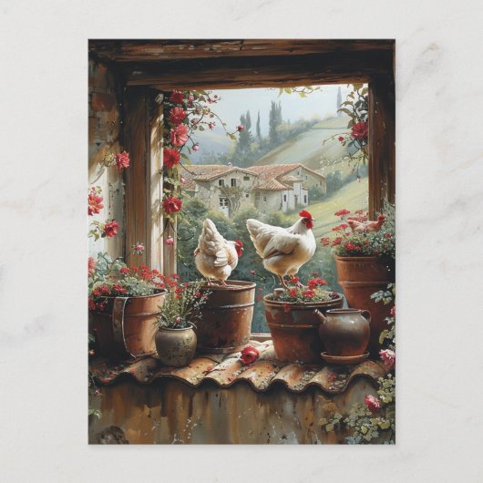 鶏さびたバケツ粘土ポットタイル国 ポストカード (正面)