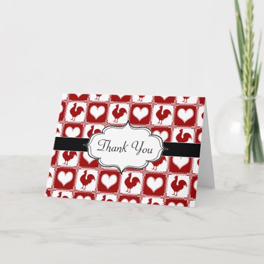 鶏とハートの鶏のパターン サンキューカード (正面)